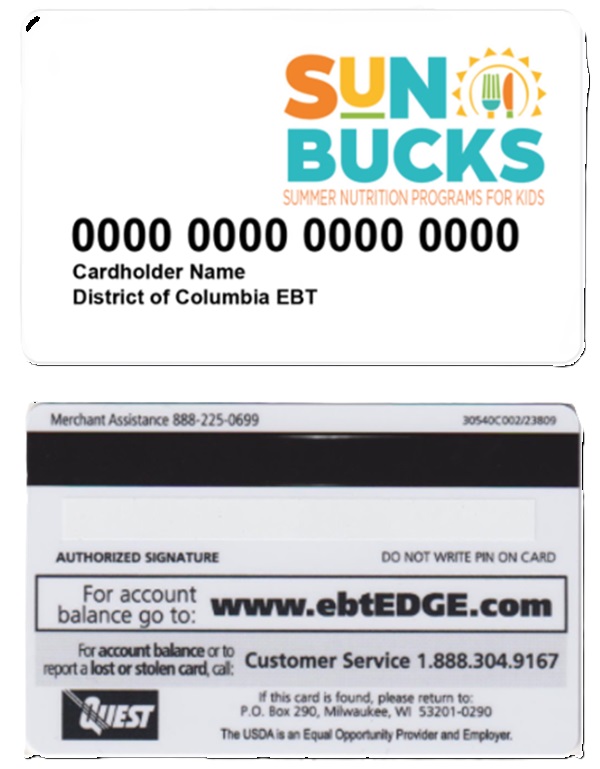 DC SUN Bucks Card, Front and Back